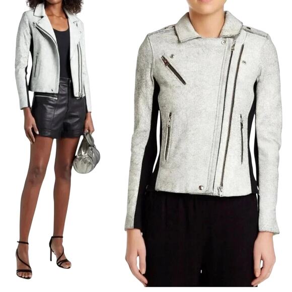 IRO Ilaria Biker Jacket XS Cracked Leather Ribbed Knit Moto Zip Style 34 - Picture 1 of 14